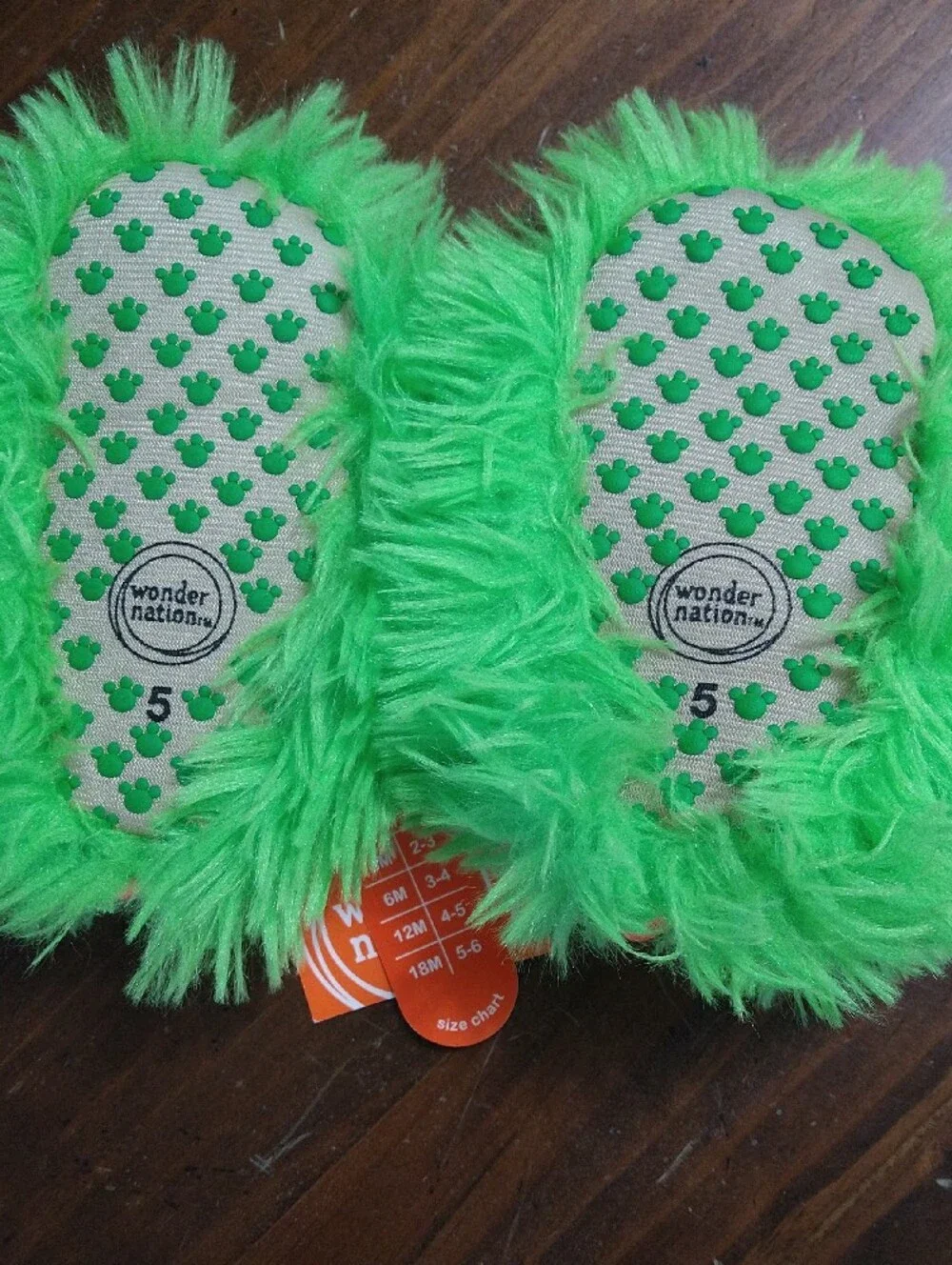 Wonder Nation Green Fuzzy Monster Slippers with Orange Accents